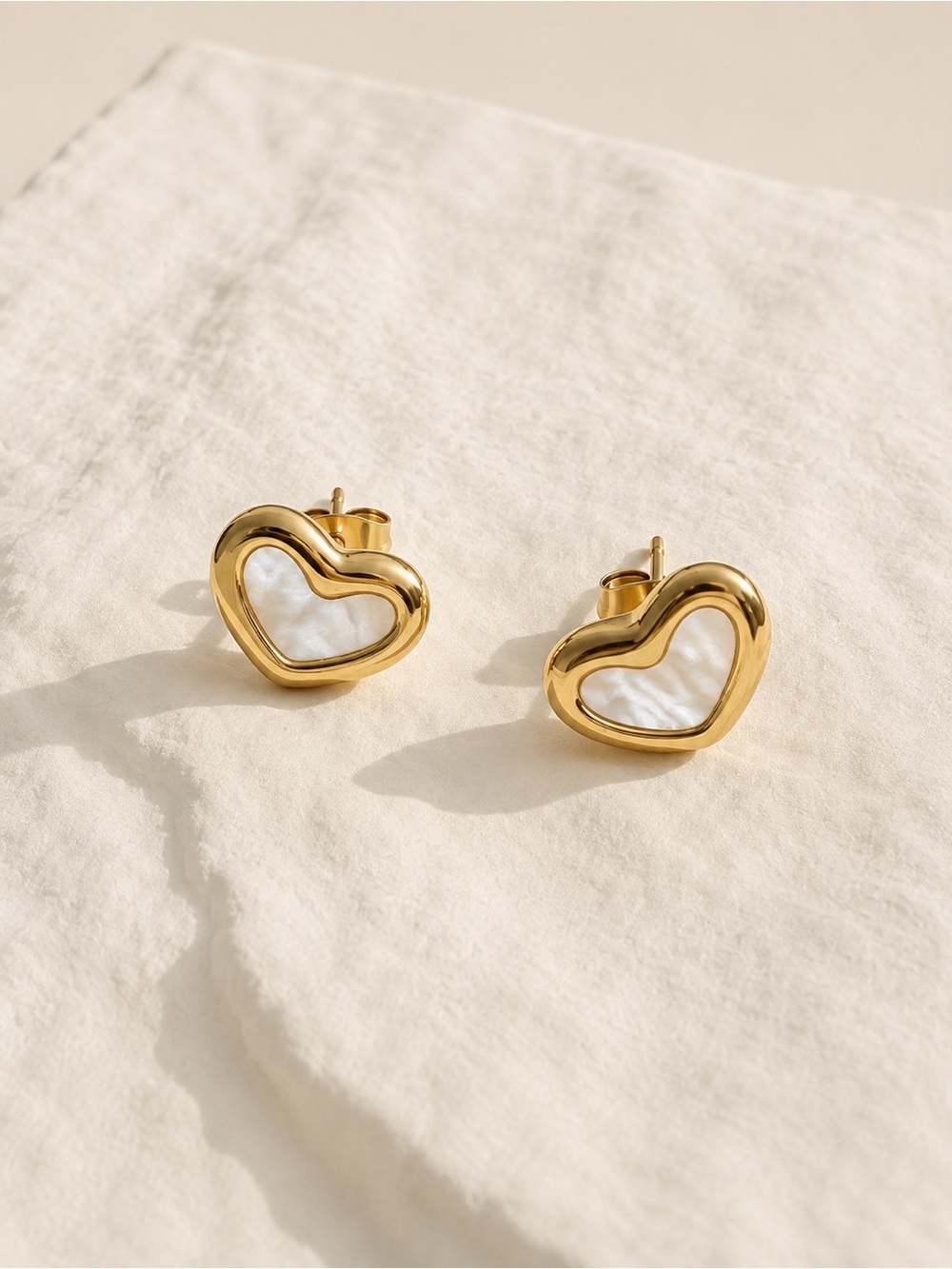 Gold Plated Heart Mother-of-Pearl Stud Earrings - Women Jewelry